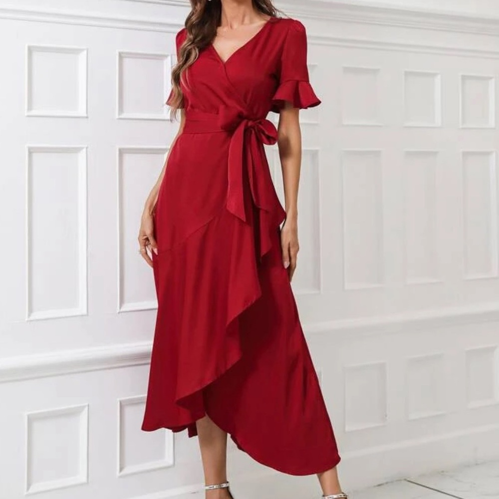 Boho flounce sleeve belted wrap dress - Picture 7 of 16